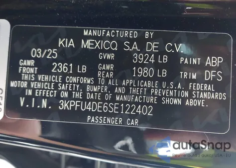 2025 Kia K4 Ex из США, поврежденный, VIN 3KPFU4DE6SE122402